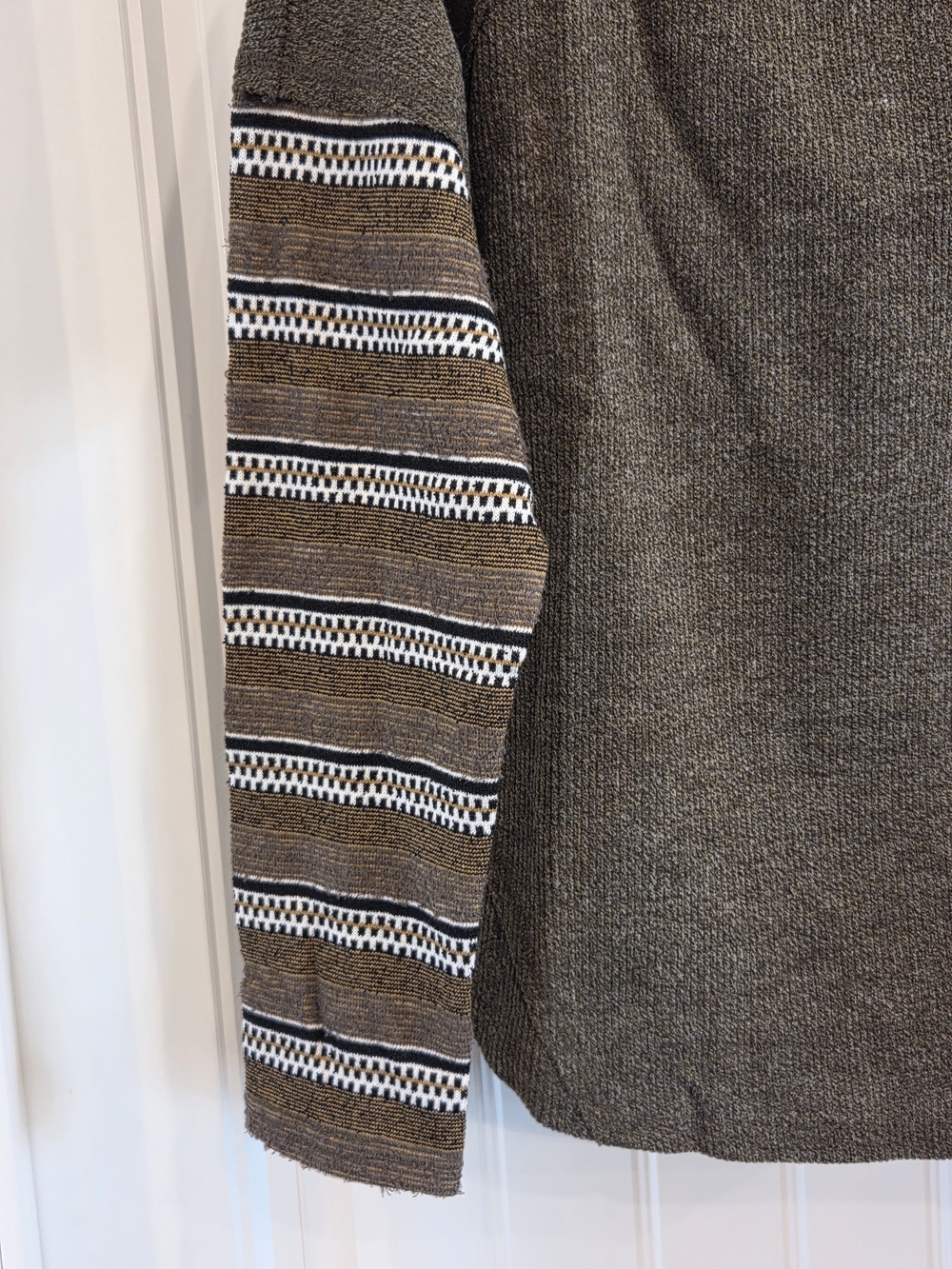 Olive Knit Crew with Striped Pattern Sleeves - Picture 3 of 7